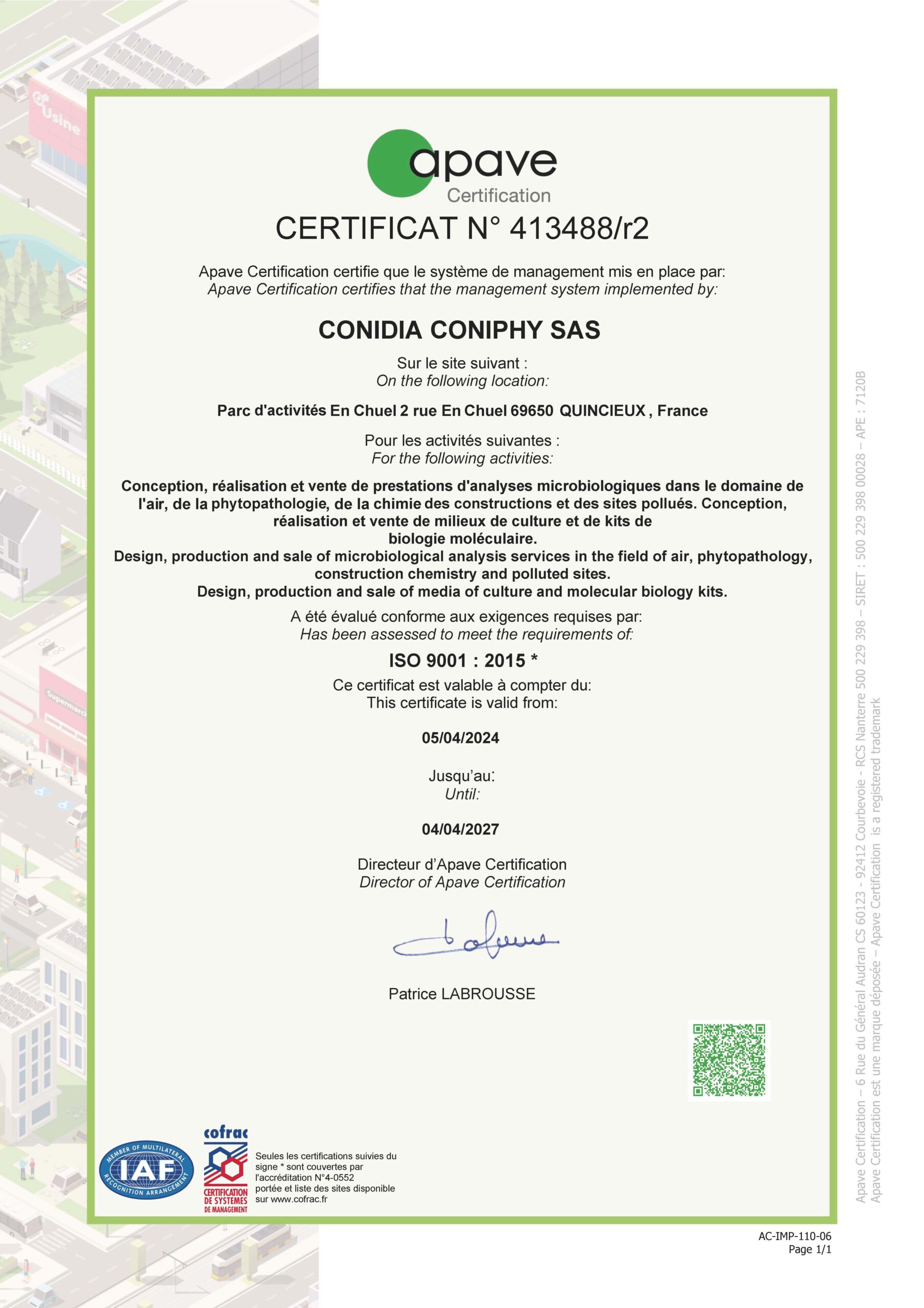 Certificat ISO 9001 Conidia Coniphy